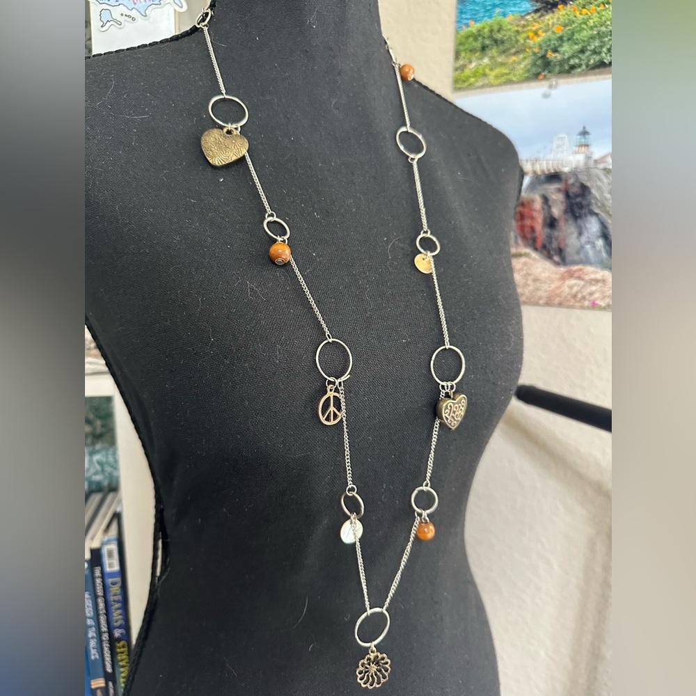 Silver-Tone Charm Station Necklace with Wooden and Shell Beads. 36”